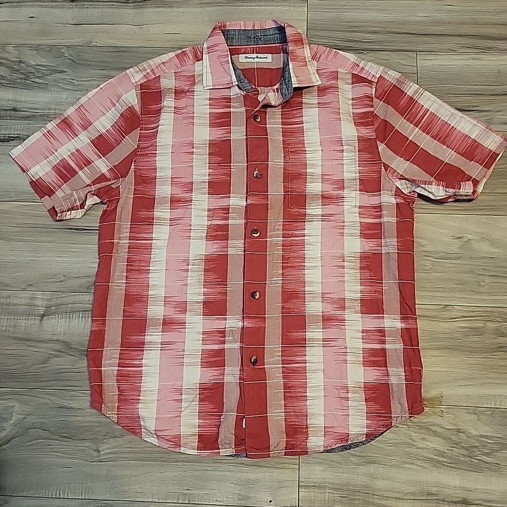 Tommy Bahama Shirt Mens Medium‎ Red Plaid Silk Blend Short Sleeve Button Up